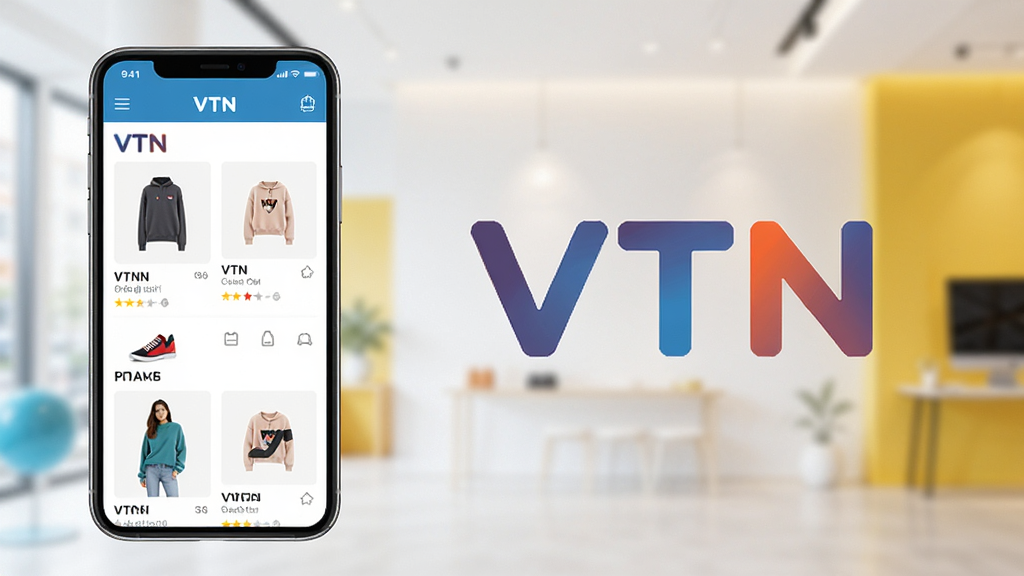 VTN购物应用主界面展示,智能手机屏幕显示商品列表与品牌LOGO,背景为简约现代风格,色彩明亮,突出“VTN”字样,界面布局清晰,排版整洁,画质高清,干净无多余元素