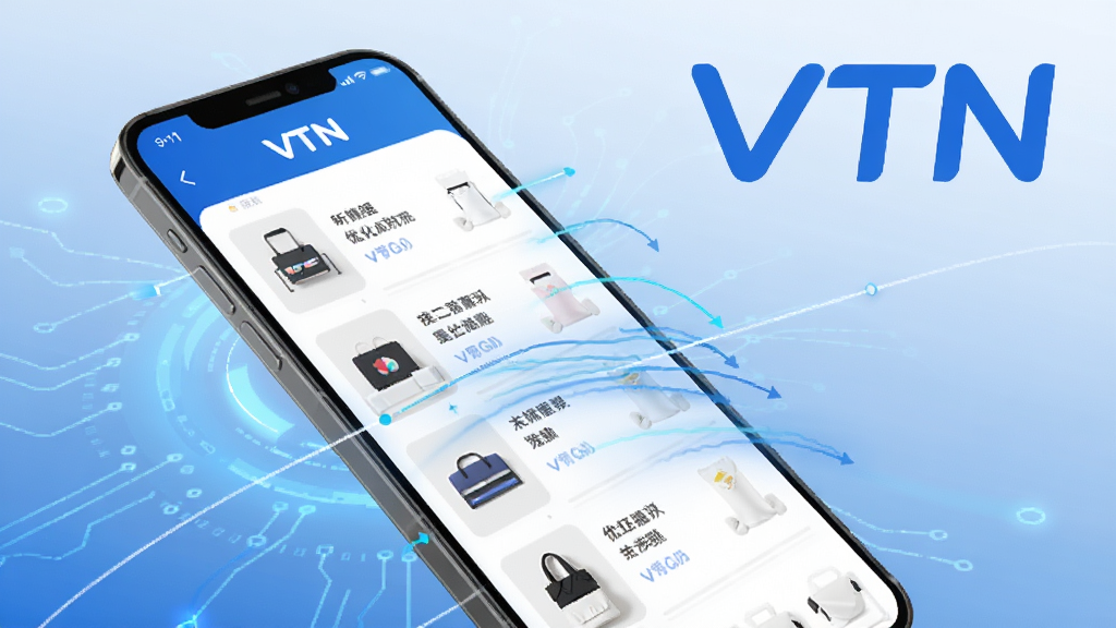 VTN应用性能优化示意图,展示手机界面高速滑动商品列表,带有流畅动态线条,背景为科技感蓝色调,突出“VTN”LOGO,布局简洁,画质清晰,无多余元素