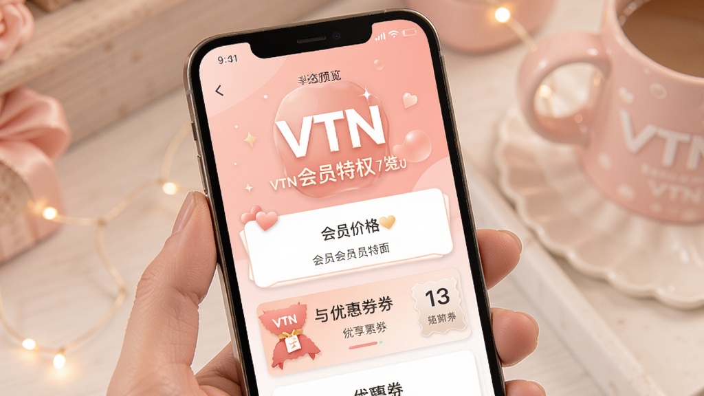 VTN会员特权界面预览,手机屏幕显示会员专享价格与优惠券,背景为温馨粉色系,突出“VTN”会员标识,布局清晰,画质细腻,无多余元素
