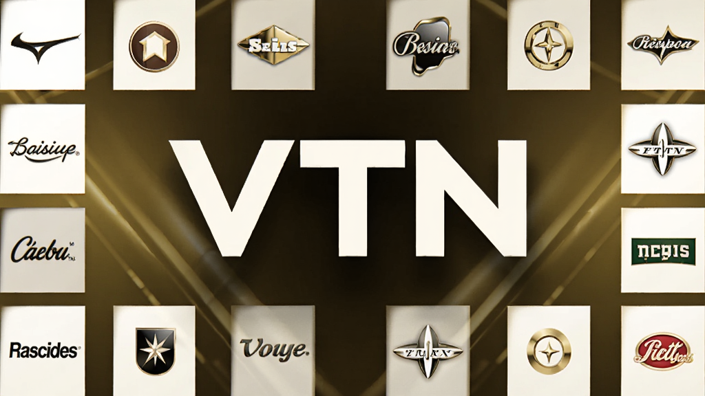 VTN品牌合作展示图,画面中央为“VTN”字样,周围环绕多个国际品牌LOGO,背景为奢华金色调,布局对称,风格大气,画质高清,干净无多余元素