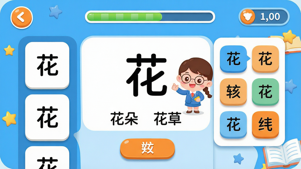 主体:组词训练APP主界面,展示汉字组词练习场景,屏幕中央显示“花”字及“花朵”“花草”等示例词,旁边有卡通小老师形象;布局:左侧为汉字卡片,右侧为可点击的候选字块,顶部有进度条和得分;排版:扁平化设计,色彩明快,圆角卡片,图标清晰;风格:儿童教育风格,活泼可爱,色彩以蓝色和橙色为主;细节:背景有星星和书本装饰,按钮有轻微阴影,文字清晰;画质:高清渲染,干净,无多余元素