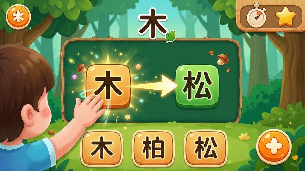 主体:组词训练APP闯关游戏界面,显示“木”字旁关卡,画面中有“林、森、柏、松”等字块,孩子正在拖拽“木”与“林”组合;布局:中央为操作区域,下方有三个候选字槽,右上角显示倒计时和星级;排版:游戏化界面,色彩鲜艳,动态效果,卡通风格;风格:教育游戏风格,活泼有趣,背景为森林主题;细节:有光效和粒子效果,按钮为圆形橙色,字体圆润;画质:高清渲染,干净,无多余元素