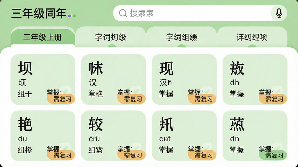 主体:组词训练APP的教材同步界面,展示各年级字词列表,当前选中“三年级上册”,下方显示“坝、汉、艳”等生字卡片;布局:上部为年级选择栏,中部为字词卡片网格,每张卡片包含汉字、拼音和两个组词;排版:网格布局,卡片圆角,浅绿色背景,字体工整;风格:教育软件风格,简洁清晰,色彩柔和;细节:每张卡片右下角有“掌握”或“需复习”小标签,顶部搜索框带有麦克风图标;画质:高清,干净,无多余元素