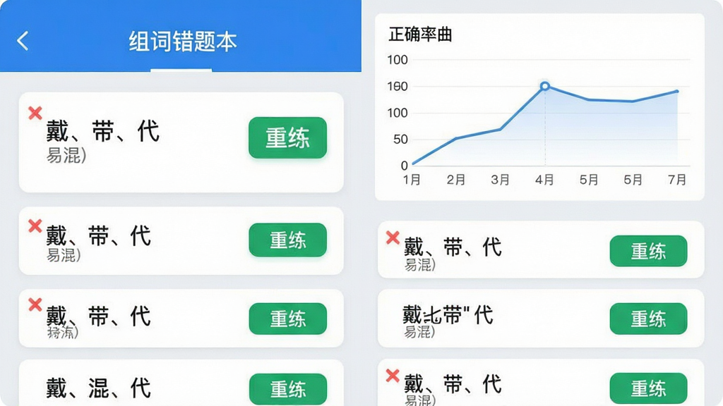 主体:组词训练APP错题本界面,列表显示“戴、带、代”等易混字,每个字右侧有“重练”按钮;布局:上方为统计图表,展示正确率曲线,下方为错题列表;排版:简洁列表式,蓝色调,字体清晰,图表使用折线图;风格:数据分析风格,专业且易读;细节:错题卡片上有红叉标记,重练按钮为绿色,背景为淡灰色;画质:高清,干净,无多余元素