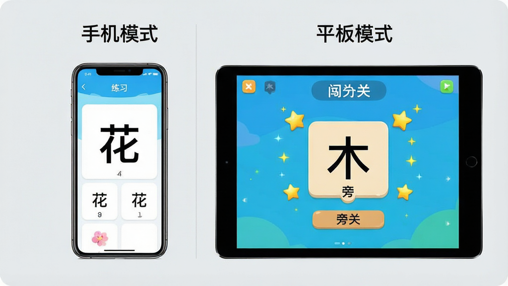 主体:组词训练APP在手机和平板上运行对比图,左侧手机竖屏显示练习界面,右侧平板横屏显示闯关界面;布局:左右分屏展示,背景为浅灰色,设备模型清晰;排版:设备居中,屏幕内容可见,文字标注“手机模式”“平板模式”;风格:科技感,简洁,色彩明快;细节:手机屏幕上有“花”字组词,平板屏幕上有“木”字旁关卡,周围有星星特效;画质:高清,干净,无多余元素