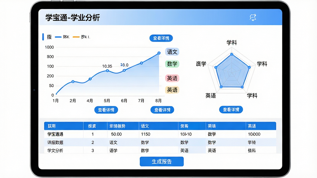 主体:学宝通App的成绩分析页面,展示折线图、柱状图和雷达图等数据可视化图表,旁边标注“语文”、“数学”、“英语”等科目。布局:平板电脑横向放置,屏幕中图表排列有序,左侧为成绩趋势折线图,右侧为学科雷达图,下方为详细数据表格。排版:采用左右分栏设计,图表之间留有适当间距,顶部标题栏显示“学宝通-学业分析”。风格:商务数据看板风格,配色以蓝色系为主,图表线条流畅,数据标签清晰。细节:每个图表旁有“查看详情”按钮,背景为纯白色,页面底部有“生成报告”按钮。画质:4K高清,画面干净,无多余元素。