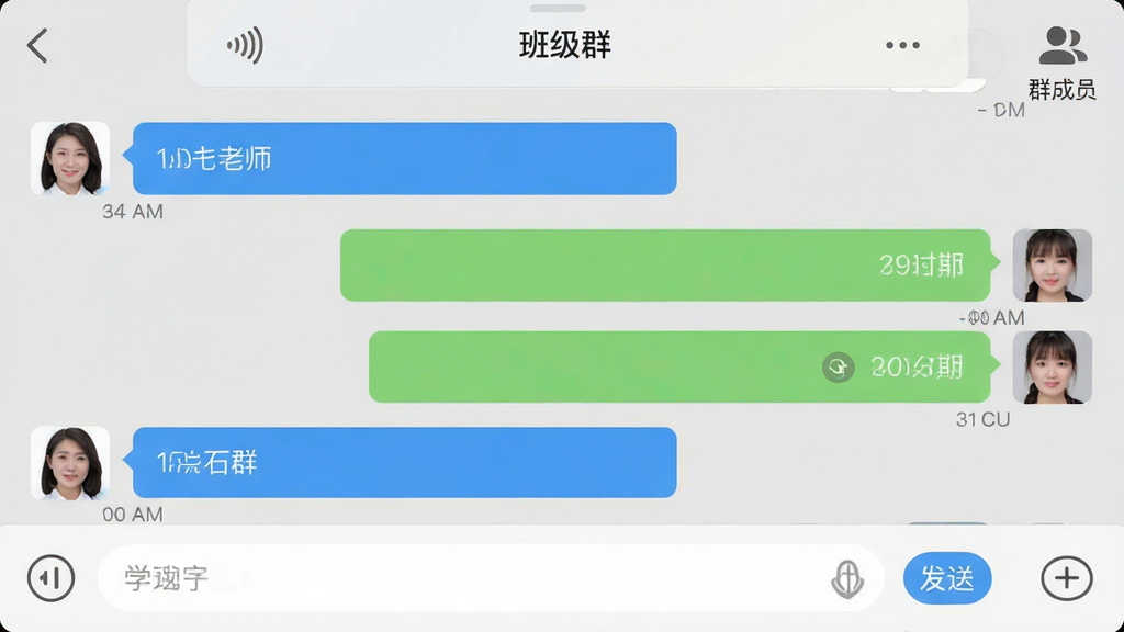 主体:学宝通App的聊天界面截图,展示家长与老师的对话窗口,包含文字消息、语音条和图片消息气泡。布局:手机界面居中,上下各有一条细长的对话框,背景为浅灰色,突出聊天内容。排版:采用纵向列表式布局,左侧为老师发送的消息(蓝色气泡),右侧为家长发送的消息(绿色气泡),顶部显示“班级群”名称。风格:写实界面截图风格,UI元素精细还原,色彩柔和。细节:消息时间戳、已读标识、输入框和发送按钮清晰可见,右上角显示“群成员”图标。画质:高清,细节清晰,无多余元素。