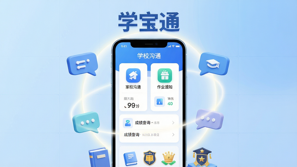 主体:学宝通App在智能手机上打开的界面,屏幕中显示家校沟通、作业通知、成绩查询等核心功能模块,界面色彩以蓝色和白色为主,整体风格简洁明快。布局:手机居中摆放,屏幕内容清晰可见,周围环绕柔和的光晕和象征沟通的对话气泡图标。排版:采用居中构图,手机屏幕占据画面主要区域,上方悬浮“学宝通”字样,下方点缀小型的书本和校徽元素。风格:扁平化设计,结合轻微3D质感,现代科技感强,色彩明亮干净。细节:屏幕内功能图标排列整齐,文字清晰可辨,背景为渐变浅蓝色,带有细微的网格纹理。画质:8K超高清,细节丰富,画面干净无多余元素。