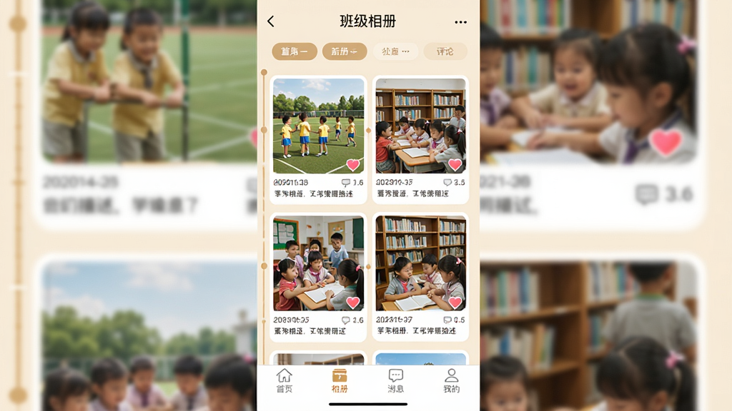 主体:学宝通App的班级相册页面,以时间轴形式展示孩子们在课堂、操场、图书馆等场景的活动照片,每张照片下方有日期和描述。布局:手机竖屏界面,相册以瀑布流形式排列,顶部有“班级相册”标题和月份筛选标签。排版:采用网格布局,每行两张照片,照片右下角有爱心点赞图标和评论数量。风格:温馨生活记录风格,照片色彩鲜艳自然,整体色调温暖。细节:照片边缘有白色边框,背景为浅米色,底部导航栏有“首页”、“相册”、“消息”、“我的”四个图标。画质:高清,画面干净,无多余元素。