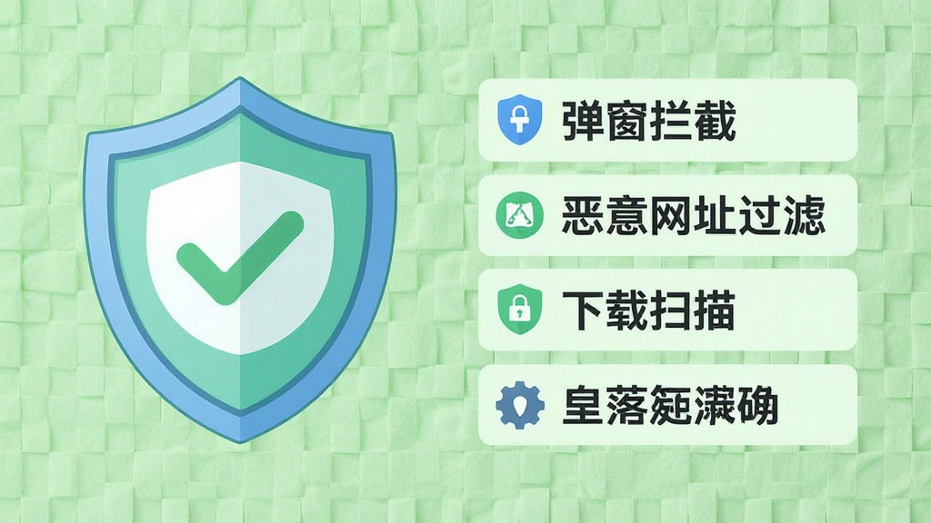 一张泡吧游戏浏览器安全防护功能展示图,画面左侧是盾牌图标,盾牌中心有对勾符号,右侧列出安全防护项目列表,包括弹窗拦截、恶意网址过滤、下载扫描等,背景为淡绿色网格纹理,整体风格简洁明了,色彩清新,细节清晰,画质高清,无多余元素