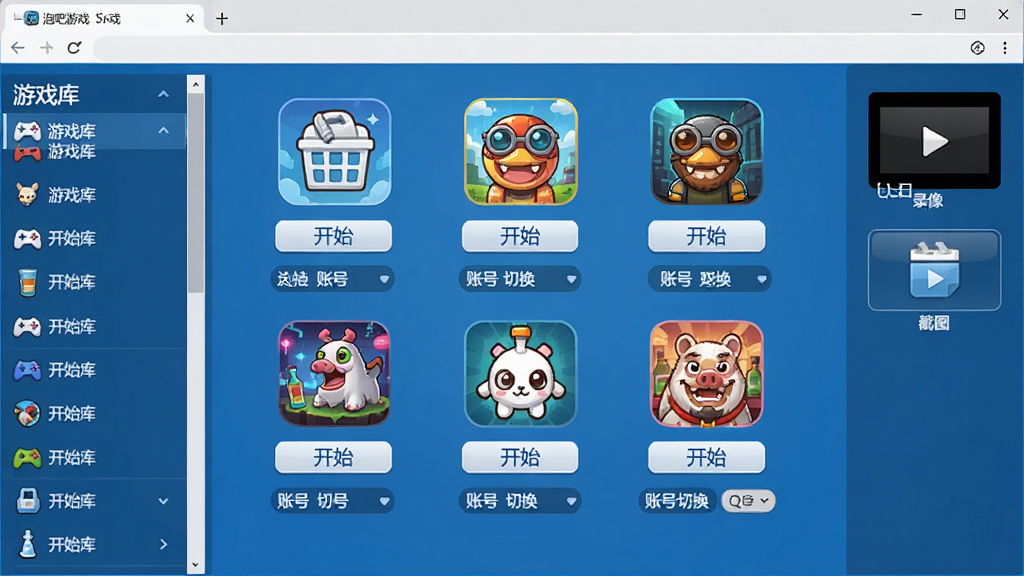 一张泡吧游戏浏览器游戏启动器界面截图,界面中央是几个游戏图标排列成网格状,每个图标下方有开始按钮和账号切换选项,左侧有游戏库列表,右侧有录像与截图功能按钮,整体设计简洁大方,蓝色背景配白色图标,细节清晰,画质高清,无多余元素