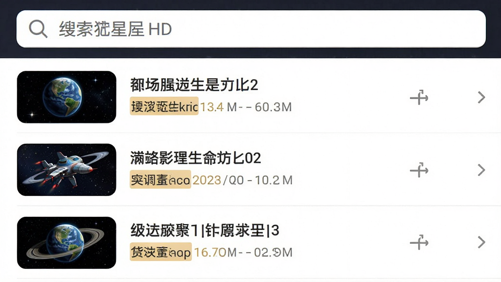 一张科学星球HD应用内的搜索结果页面预览图,页面顶部是搜索框,下方以列表形式展示了搜索结果,每个结果项包含缩略图和标题。布局为线性排列,排版规范。风格为简洁的移动端界面设计,细节包括高亮搜索关键词、清晰的字体。画质高、干净、无多余元素。