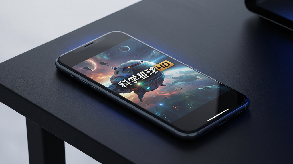 主体为一部正在播放高清科幻电影的智能手机,屏幕中画面色彩鲜艳、细节清晰,手机斜放在深色桌面上,周围有微弱的蓝色氛围光。布局采用手机居中构图,突出屏幕内容。排版简洁,背景干净,融入“科学星球HD”字样作为屏幕水印。风格为现代科技感写实渲染,细节包括屏幕反光、桌面纹理。画质高清、干净、无多余元素。