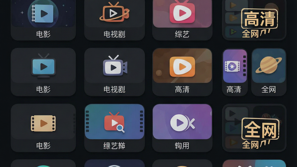 一张展示科学星球HD应用界面的截图,界面风格为深色主题,上面整齐排列着多个视频分类图标,如电影、电视剧、综艺等,每个图标下方有对应文字标注。布局为网格状,清晰明了。排版采用列表与宫格结合方式,突出“高清”与“全网”字样。风格为扁平化UI设计,细节包括图标阴影、圆角卡片。画质干净、整洁、无多余元素。