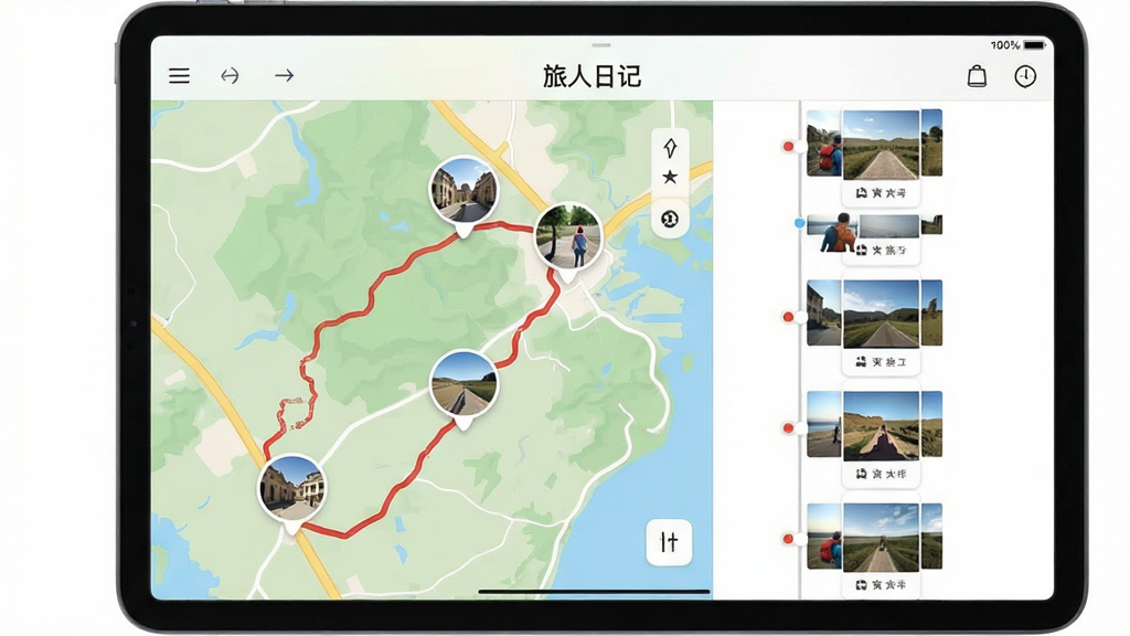 主体为旅人日记应用在平板电脑上展示路线回放功能的界面,布局为左屏地图右屏时间轴照片流,排版采用左右分栏设计,风格为简洁明快的扁平化风格,细节中地图上有一条清晰的红色轨迹线,轨迹沿途有多个圆形照片节点,屏幕上方有“旅人日记”字样,画质高清,干净无多余元素