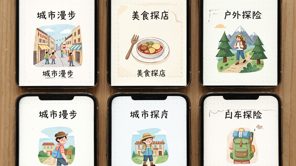 主体为多张旅人日记应用的模板预览卡片平铺展示,布局为网格状排列,排版采用六宫格形式,风格为色彩柔和的手账风格,细节中每张卡片上分别显示“城市漫步”、“美食探店”、“户外探险”等字样,并配有对应的插画图标,画质清晰,干净无多余元素