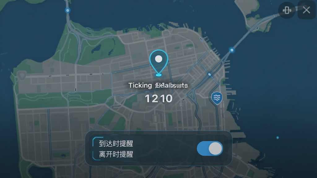 一张展示Ticking软件提醒设置的界面截图,界面中有一个地图背景,上面标记了一个位置坐标,下方有“到达时提醒”和“离开时提醒”两个开关选项,整体风格简洁,带有科技感,画质细腻,无多余元素。