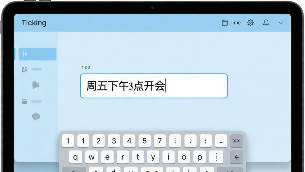 一张展示Ticking软件添加任务过程的演示图,画面中央有一个输入框,框中文字为“周五下午3点开会”,键盘悬浮在屏幕下方,界面以浅蓝色为主色调,整体风格干净现代,画质清晰,无多余元素。