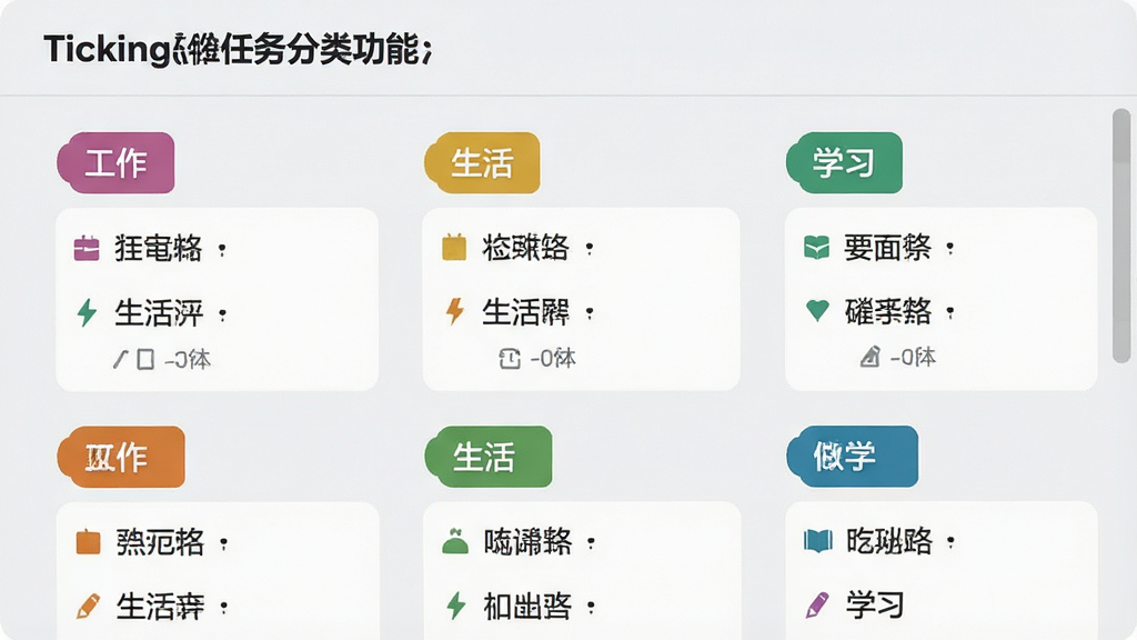 一张展示Ticking软件任务分类功能的界面截图,屏幕上显示多个彩色标签,如“工作”、“生活”、“学习”,每个标签下都有对应的任务条目,背景为浅灰色,界面布局清晰,色彩区分明显,画质细腻,无多余元素。