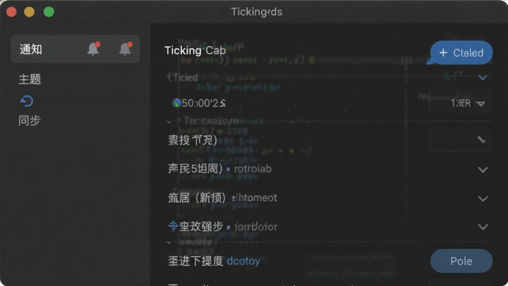 一张展示Ticking软件设置界面的截图,屏幕上有“通知”、“主题”、“同步”等选项,背景为深色模式,整体风格简洁,画质干净,无多余元素。