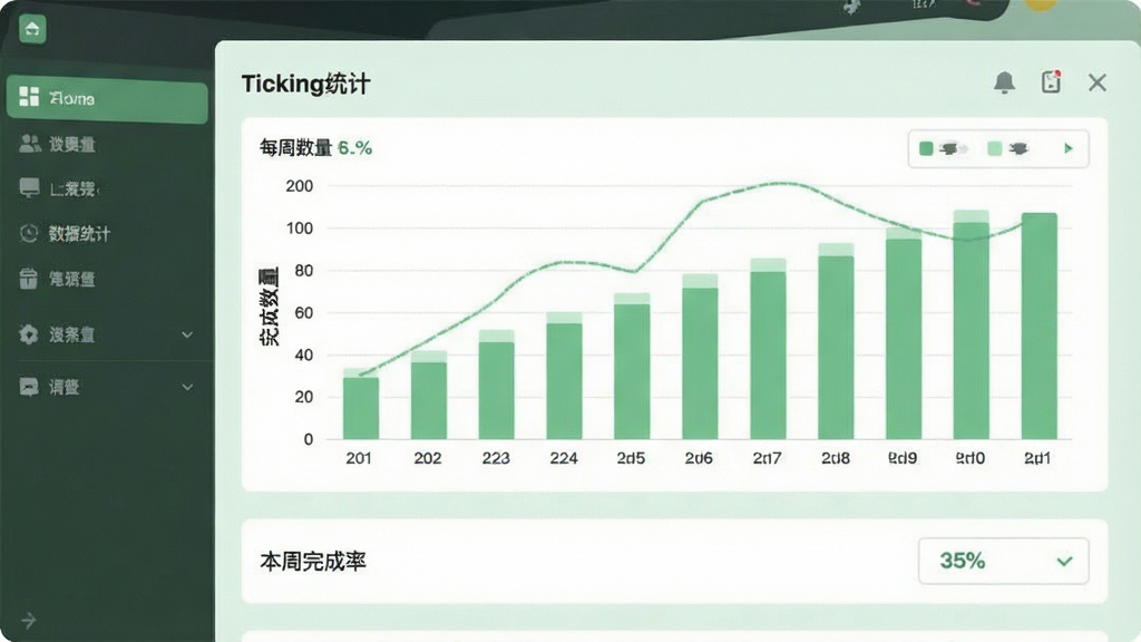 一张展示Ticking软件数据统计功能的界面截图,屏幕上显示一个柱状图,横轴为日期,纵轴为完成数量,图表下方有“本周完成率”字样,整体色调为淡绿色,风格简约现代,画质干净,无多余元素。