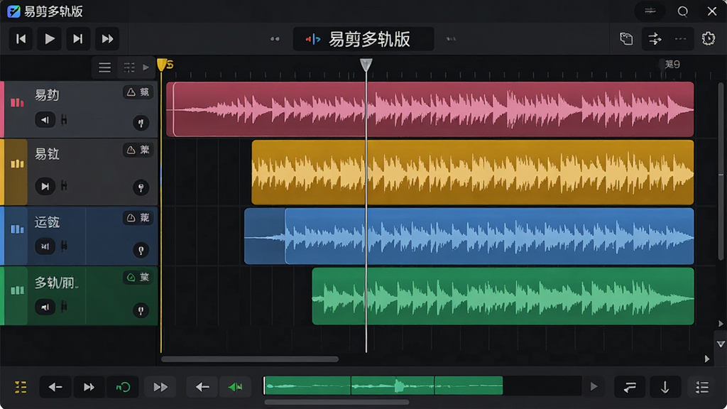 主体:易剪多轨版软件界面,展示多音轨编辑页面,多条彩色音频波形在时间轴上排列,界面简洁现代。布局:以深色背景为主,中央是核心的多轨编辑区域,顶部有播放控制按钮和菜单栏,底部有音轨操作面板。排版:清晰的功能图标排列,音轨名称与波形数据并排显示。风格:专业级音频软件的科技感,扁平化设计,细节精致。细节:波形图清晰可辨,轨道颜色区分明显,界面文字显示“易剪多轨版”字样。画质:高清,干净,无多余元素。
