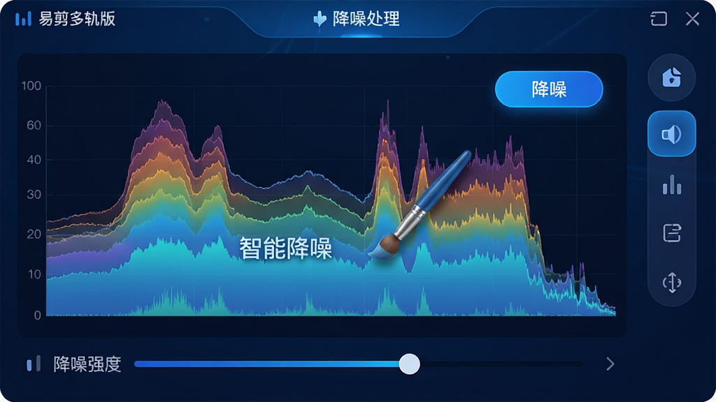 主体:易剪多轨版运行中的降噪处理界面,显示音频频谱图。布局:主区域为频谱图,有画笔工具在频谱上涂抹,下方有降噪强度调节滑块。排版:频谱图色彩渐变,工具图标悬浮于右侧。风格:科技感,蓝色调为主,界面清爽。细节:频谱图层次分明,有“降噪”按钮高亮显示,文字“智能降噪”出现。画质:细腻,干净,无多余元素。
