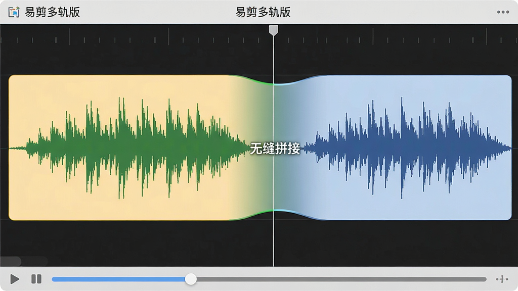 主体:易剪多轨版的波形编辑界面,展示两段音频首尾相连。布局:时间轴从左到右延伸,两段波形颜色不同,衔接处有平滑过渡线。排版:波形放大显示,底部有播放进度条。风格:简洁明快,波形清晰,背景浅色。细节:衔接处平滑,有“无缝拼接”文字标注。画质:高清晰,干净,无多余元素。