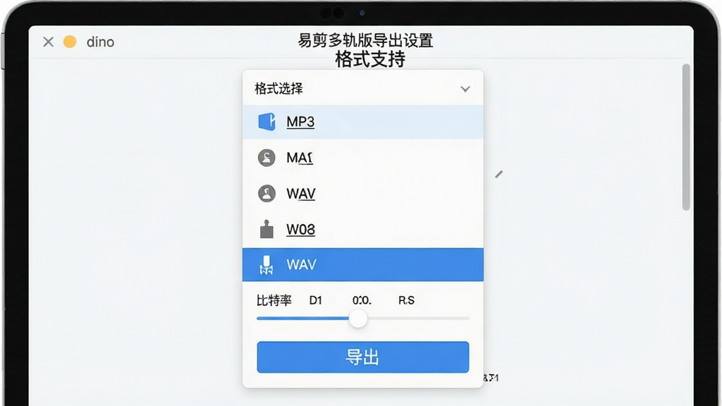 主体:易剪多轨版导出设置的界面。布局:中央为格式选择菜单,列表显示MP3、WAV等选项,下方有比特率滑块。排版:选项纵向排列,选中项高亮。风格:扁平化,浅色背景,简洁大方。细节:格式列表带图标,有“导出”按钮,文字“格式支持”清晰。画质:干净,无多余元素。