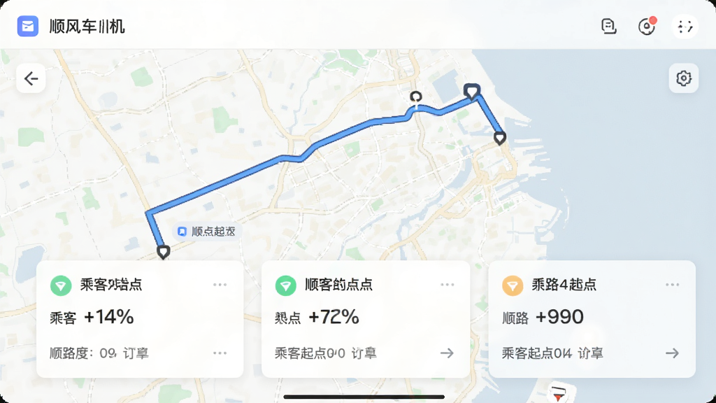 顺风车司机版智能派单界面,展示地图路线规划与匹配订单卡片,卡片上标注乘客起点终点与顺路度百分比,背景为浅色地图,UI信息层级分明,画质清晰干净无多余元素