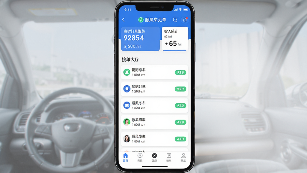 顺风车司机版主界面截图,展示司机接单大厅列表,顶部显示实时订单推送与收入统计卡片,底部为导航栏,整体风格简洁清爽,蓝白配色,手机竖屏布局,UI设计现代,画质清晰干净无多余元素