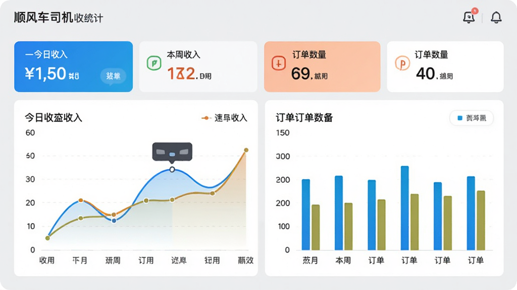 顺风车司机版收益统计页面,展示折线图与柱状图,包含今日收入、本周收入、订单数量等数据卡片,背景为浅灰色,图表色彩鲜明,UI设计简约,画质清晰干净无多余元素