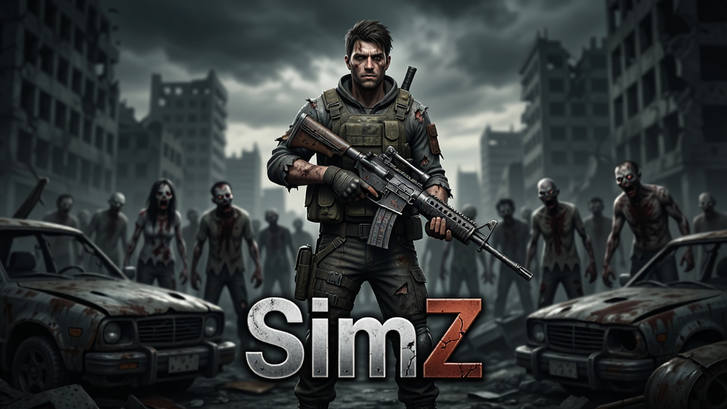 ���壺SimZ��Ϸ���Ӿ���һ��ȫ����װ���Ҵ���վ�ڷ������з����У��ֳ�������������ģ���Ľ�ʬȺ�����֣�������У�ǰ�����ưܵĳ����������������������պ͵����Ľ������Ű棺��������ƫ��λ������Ϸlogo��SimZ�����������дʵĩ�շ��ɫ��ƫ�����������ŸС�ϸ�ڣ������װ����������գ�������ĥ��ۼ�����ʬ��̬���졣���ʣ�������Ⱦ����ӰЧ�����棬���廭��ɾ��޶���Ԫ�ء�