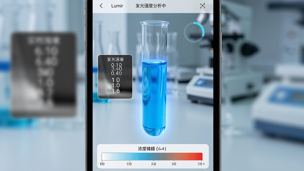 手机屏幕显示Lumir拍摄发光溶液的界面,画面中央是试管中发出蓝色光芒的液体,左侧悬浮实时灰度值读数,底部为浓度梯度色条,布局为竖屏操作界面,排版清晰,风格为实验室科技感,细节有“发光强度分析中”字样与进度环,画质高清明亮,无多余元素