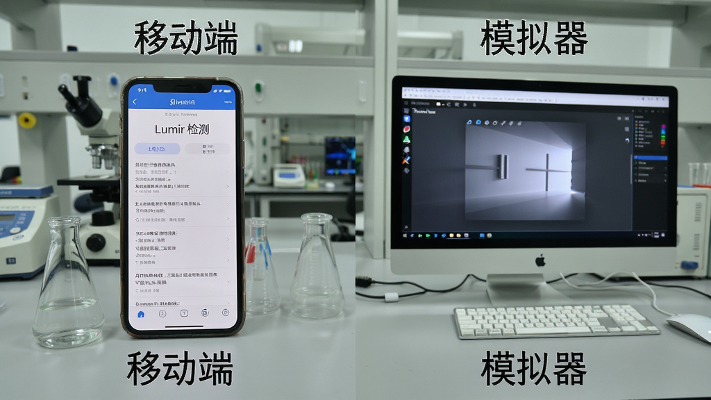 手机与电脑并排摆放,手机屏幕显示Lumir检测页面,电脑屏幕显示模拟器界面,背景为实验室桌面,布局为左右对比,风格为实用教程配图,细节有“移动端”与“模拟器”文字标注,画质清晰,无多余元素