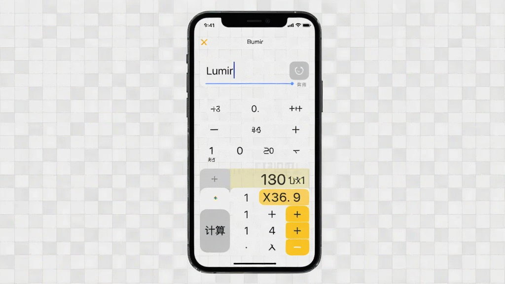 手机竖屏显示Lumir计算器界面,上方为输入框,下方为结果区域,背景为浅灰网格纸样式,布局居中,排版简洁,风格为工具类App风格,细节有“计算”按钮与结果高亮显示,画质干净,无多余元素