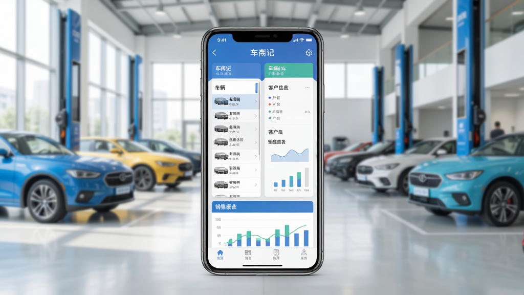一张展示车商记软件核心功能的综合预览图,画面中央是一部智能手机,屏幕内显示车商记的车辆管理主界面,包含车辆列表、客户信息、销售报表等模块,背景为简洁的汽车交易市场场景,色彩明亮,布局清晰,风格现代简洁,画质干净,无多余元素