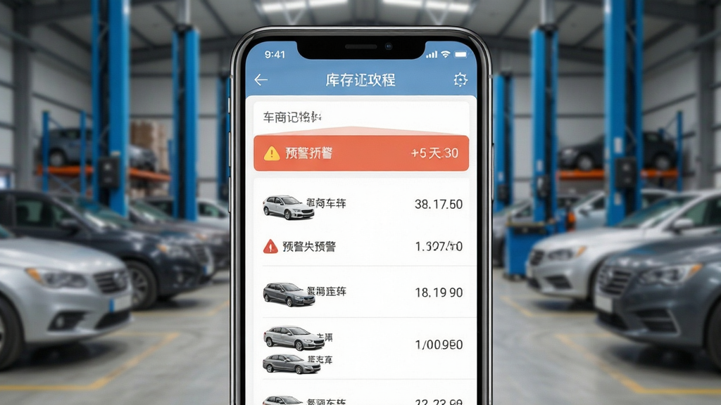 车商记软件库存预警功能预览图,手机界面显示库存车辆列表,带有预警标记与天数提示,背景为车辆仓库,画面清晰,布局整洁,风格实用,画质干净,无多余元素