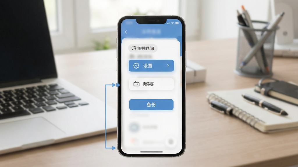 车商记软件使用教程预览图,手机屏幕显示操作步骤引导页面,包含设置菜单与备份按钮,背景为办公桌,画面简洁,风格教程化,画质干净,无多余元素