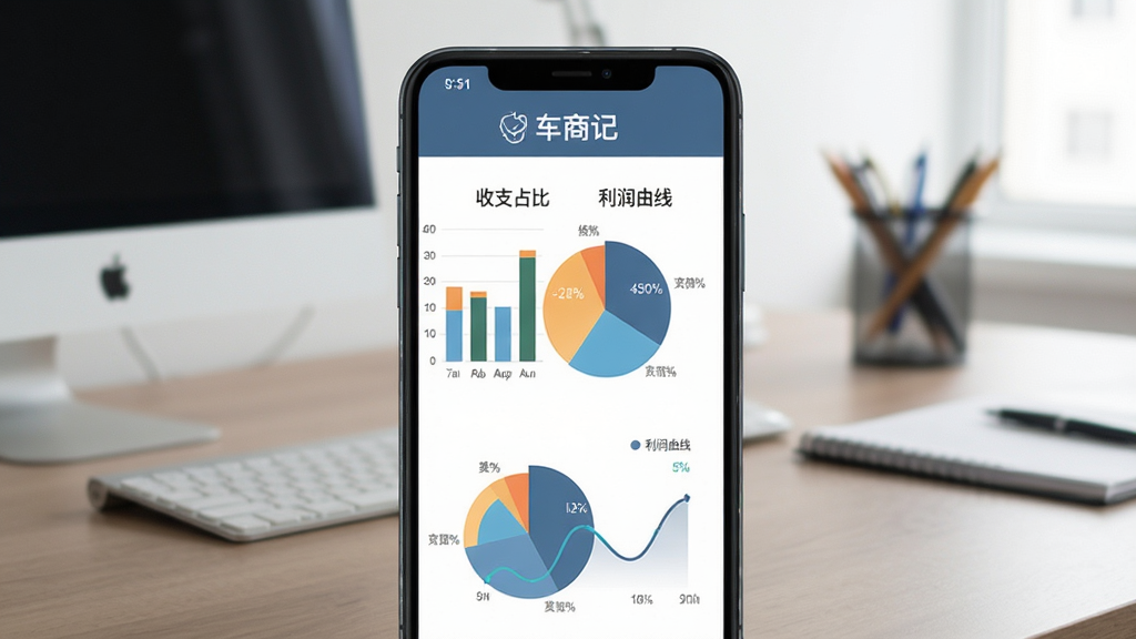 车商记软件财务报表功能预览图,手机屏幕展示柱状图与饼图,显示收支占比、利润曲线,背景为办公桌面,画面简洁,配色专业,画质干净,无多余元素