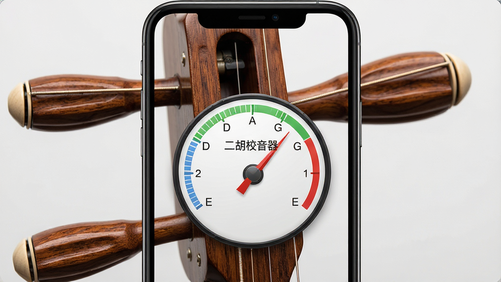 主体为手机屏幕展示二胡校音器界面,界面中央有指针式调音表盘,表盘上标注“二胡校音器”字样,周围有D、A、G、E音名标识,背景为木质二胡琴头与琴弦特写,布局简洁,排版居中,风格写实清晰,细节包括琴弦反光与木质纹理,画质高清,干净无多余元素