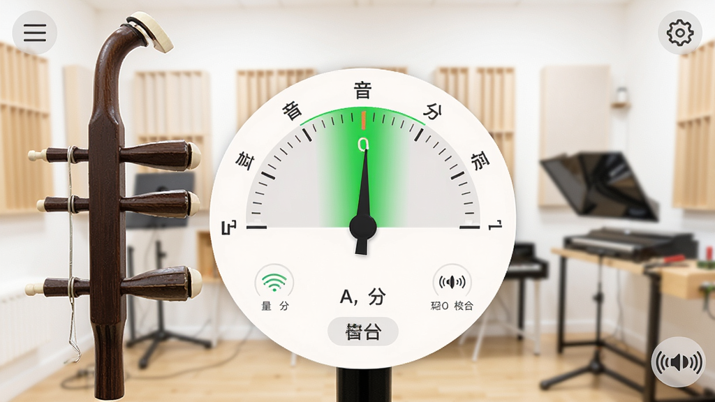 主体为二胡校音器应用界面截图,界面显示弦轴与音分刻度盘,指针指向中央绿色区域,背景为明亮的工作室环境,布局清晰,排版规整,风格简洁明快,细节包括音名指示与震动反馈图标,画质清晰,干净无杂物