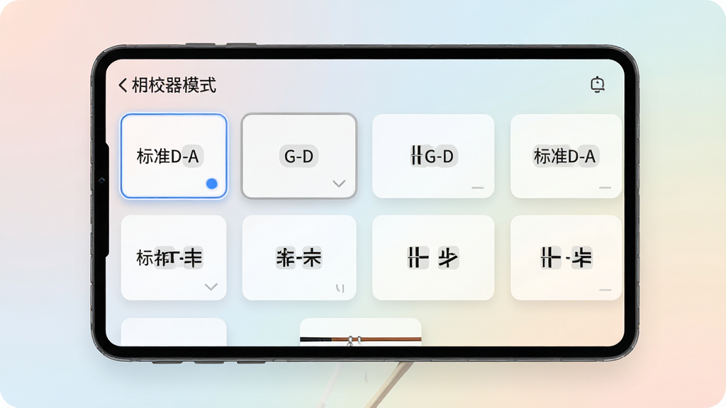 主体为二胡校音器模式选择界面,显示多种定弦模式选项卡片,卡片上标有“标准D-A”“G-D”等文字,背景为淡雅渐变色,布局为网格排列,排版整齐,风格现代简约,细节包括选中状态的高亮边框,画质细腻,干净无多余元素