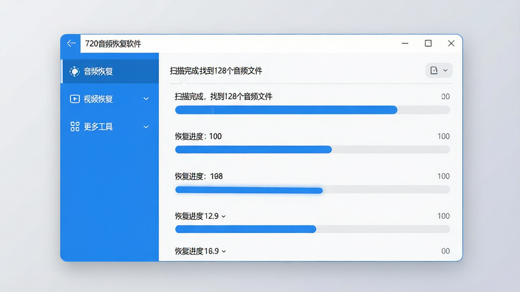 主体:720音频恢复软件的主界面展示,界面简洁明亮,左侧是功能导航栏,右侧是恢复进度列表。布局:居中显示,软件界面占画面主体,背景为浅灰色渐变。排版:功能导航栏清晰标注“音频恢复”、“视频恢复”、“更多工具”等选项,恢复进度条醒目。风格:现代科技感,扁平化设计,色彩以蓝色和白色为主。细节:界面中显示“扫描完成,找到128个音频文件”字样,整体干净整洁。画质:高清,干净,无多余元素。