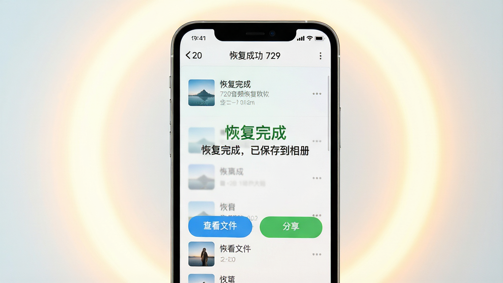 主体:手机屏幕显示720音频恢复软件的恢复成功界面,显示“恢复完成,已保存到相册”。布局:手机居中,背景为柔和的光晕。排版:界面简洁,成功提示醒目,下方有“查看文件”和“分享”按钮。风格:清新自然,色彩明亮。细节:手机屏幕中显示音频文件列表,画质高清,干净无多余元素。
