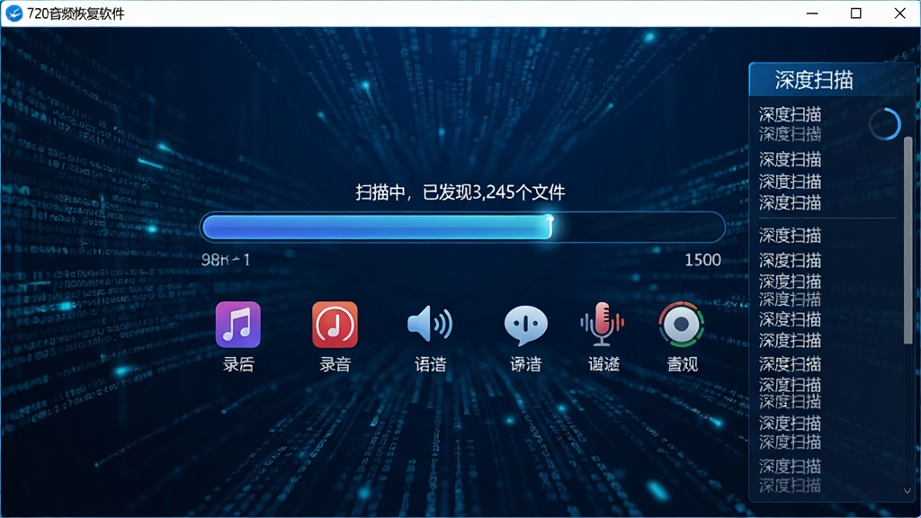 主体:720音频恢复软件正在执行深度扫描的界面,扫描进度条显示“扫描中,已发现3,245个文件”。布局:扫描界面全屏展示,背景为动态数据流线条。排版:进度条位于中央,下方显示扫描文件类型图标,包括音乐、录音、语音等。风格:科技感十足,深蓝色调,动态效果。细节:扫描结果实时滚动更新,界面带有“深度扫描”标识。画质:高清,细节丰富,无多余元素。