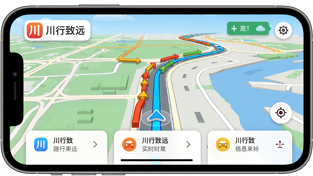 主体:手机横屏显示川行致远App的导航界面,带有3D地图和车道级引导。布局:地图占据屏幕大部分,底部有行车信息卡片,左上角有应用Logo。排版:信息清晰,导航路线高亮显示。风格:扁平化UI风格,色彩鲜明。细节:地图上显示实时路况,用不同颜色标注拥堵程度,路线引导箭头清晰可见,屏幕上有