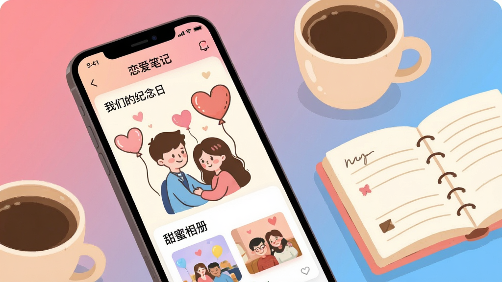 主体为一部亮着屏幕的智能手机,屏幕上展示情侣手绘卡通形象和爱心气球背景的