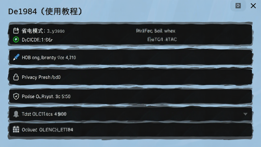 De1984使用教程截图,展示设置界面中的各项选项,包括省电模式、隐私保护等,背景为浅蓝色调,界面整洁,文字清晰,画质高清