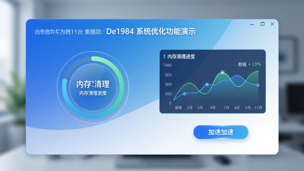 De1984系统优化功能演示,展示内存清理进度环和加速按钮,界面主色调为蓝白渐变,数据图表动态显示,背景虚化处理,突出核心操作区域,画质细腻,风格清新